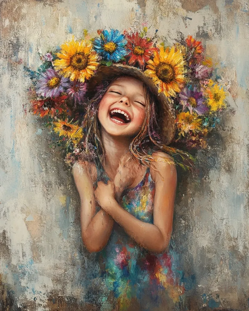 A vibrant oil painting depicts a joyful young girl with a radiant smile.  She's adorned with a large, whimsical hat overflowing with sunflowers, daisies, and other colorful wildflowers. Her arms are crossed across her chest, and she wears a similarly colorful, impressionistic dress. The background is a textured, muted palette, creating a contrast to the girl's bright attire and cheerful expression. The overall style is expressive and evokes feelings of happiness and carefree youth.
