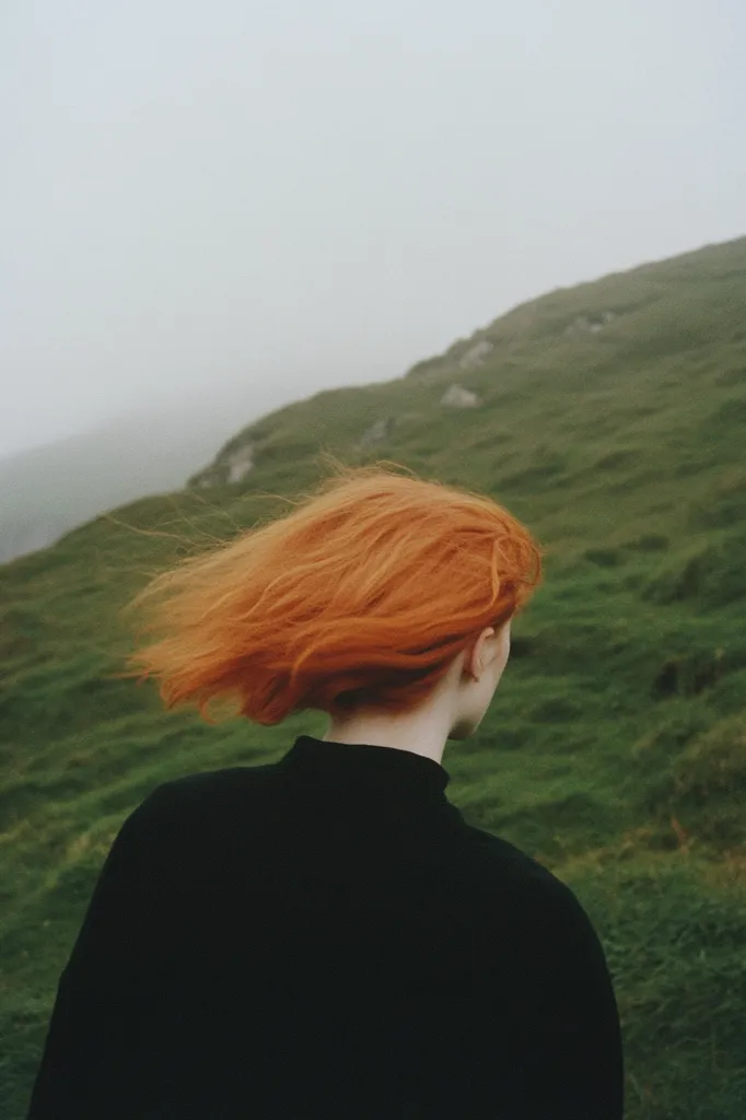 The photograph captures a lone woman with vibrant, windswept ginger hair, from the back. She's dressed in a simple, dark turtleneck sweater.  The setting is a vast, rolling green hillside under a misty sky. The overall mood is one of serene solitude and contemplation, with a focus on the contrast between the fiery red hair and the muted, natural landscape. The image evokes a feeling of freedom and escape.