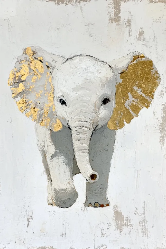The painting depicts a baby elephant walking towards the viewer.  Its body is predominantly grey and white, rendered in a textured, impasto style.  The elephant's ears are highlighted with gold leaf, adding a touch of elegance. The background is a muted off-white with a distressed, textured look, creating a contrast to the central figure. The overall impression is one of gentle innocence and understated sophistication.