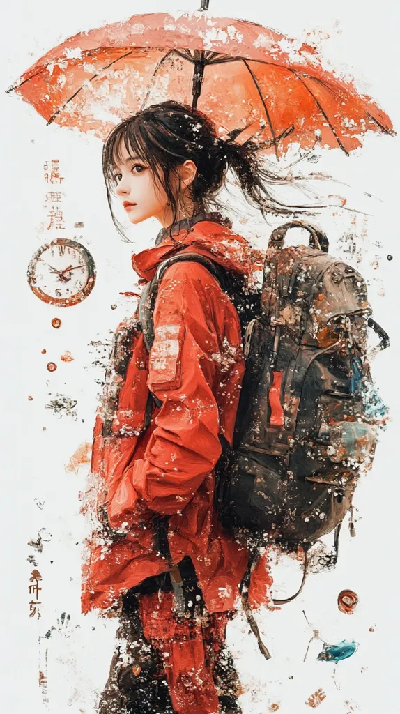 A digital painting depicts a young woman, seemingly anime-inspired, with long dark hair pulled back into a ponytail.  She's wearing a vibrant red jacket and carries a large backpack, suggesting a journey.  A partially translucent orange umbrella shelters her from what appears to be snowy or dusty conditions.  The artistic style is painterly and textured, with a fragmented, almost dissolving effect around her, incorporating elements like a clock and Chinese characters, adding to the surreal atmosphere.  The overall impression is one of mystery and adventure.