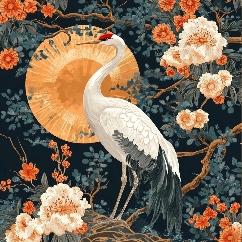 The artwork depicts a white crane with dark grey and black wing feathers standing majestically against a dark background. It is positioned in front of a large, stylized orange sun or moon. The crane is surrounded by meticulously rendered blossoms of orange and white, suggesting a flowering tree or bush, adding a sense of elegance and tranquility to the scene. The overall style is reminiscent of traditional East Asian art, with a focus on rich colors and detailed botanical elements.