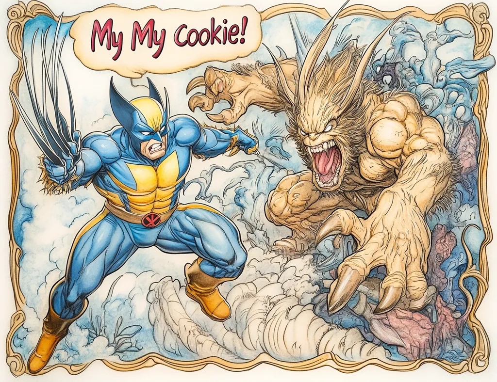 Here's a description of the image:

The artwork depicts a dynamic confrontation between Wolverine and a monstrous creature. Wolverine, in his classic blue and yellow costume, brandishes his adamantium claws, poised to attack.  His determined expression contrasts with the monstrous creature's fierce, gaping maw. The creature is large and tan, with shaggy fur and sharp claws, its features both animalistic and menacing. The background is a stylized, cloudy scene with hints of other figures or creatures lurking in the distance. A speech bubble above Wolverine proclaims, "My My Cookie!", suggesting a playful yet aggressive tone. The overall style is reminiscent of comic book art, with a slightly whimsical touch evident in the framing and background details.