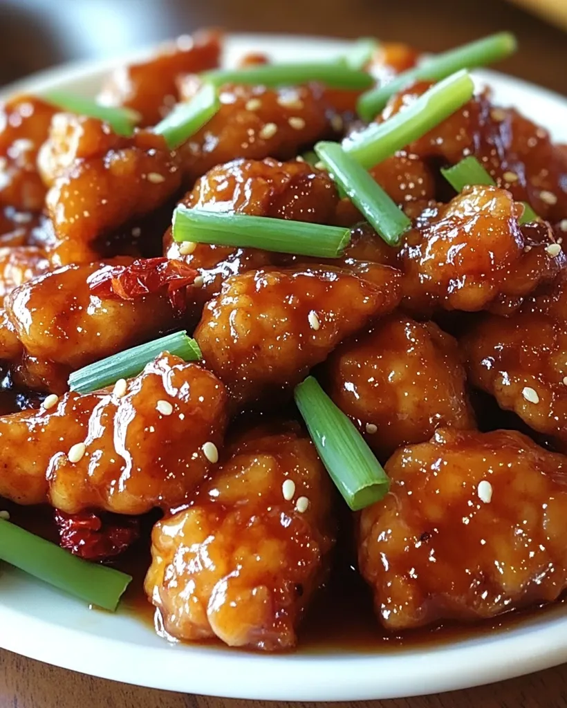 Here's a description of the image:

A close-up shot showcases a delectable dish of orange chicken.  The chicken pieces, glistening with a rich, dark-brown sauce, are generously sprinkled with sesame seeds.  Bright green scallions are artfully arranged throughout the dish, adding a vibrant contrast to the deep orange hues.  A few dried red chilies are visible, hinting at a spicy element. The chicken rests on a white plate, which sits on a wooden table, emphasizing the dish’s appetizing appearance.