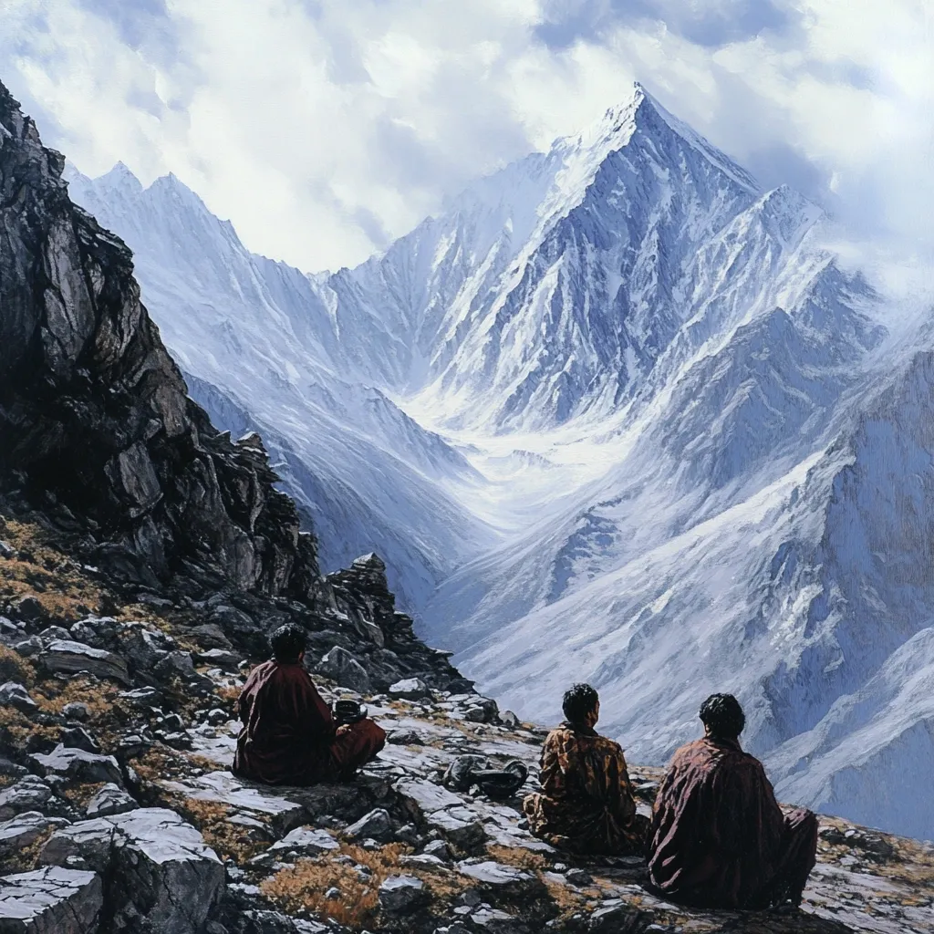 Three figures, cloaked in maroon robes, sit contemplatively on a rocky mountainside.  Their backs are to the viewer, their gaze directed towards a majestic, snow-capped peak dominating the vast, icy valley below.  The mountain's sharp, jagged silhouette contrasts with the smoother slopes and the muted, cool tones of the landscape.  The scene evokes a sense of peace, solitude, and the awe-inspiring power of nature.
