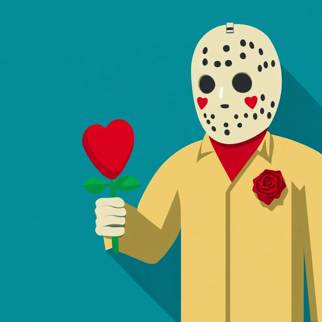 Here's a description of the image:

The illustration depicts a figure in a hockey mask, a style reminiscent of Jason Voorhees from the Friday the 13th films.  However, this character is presented in a surprisingly romantic context. He's wearing a pale yellow collared shirt and holds a stylized flower with a heart-shaped bloom. A small red rose is pinned to his chest. The overall style is flat, graphic, and slightly humorous, juxtaposing the menacing mask with the gentle gesture of offering a flower. The background is a teal-blue.