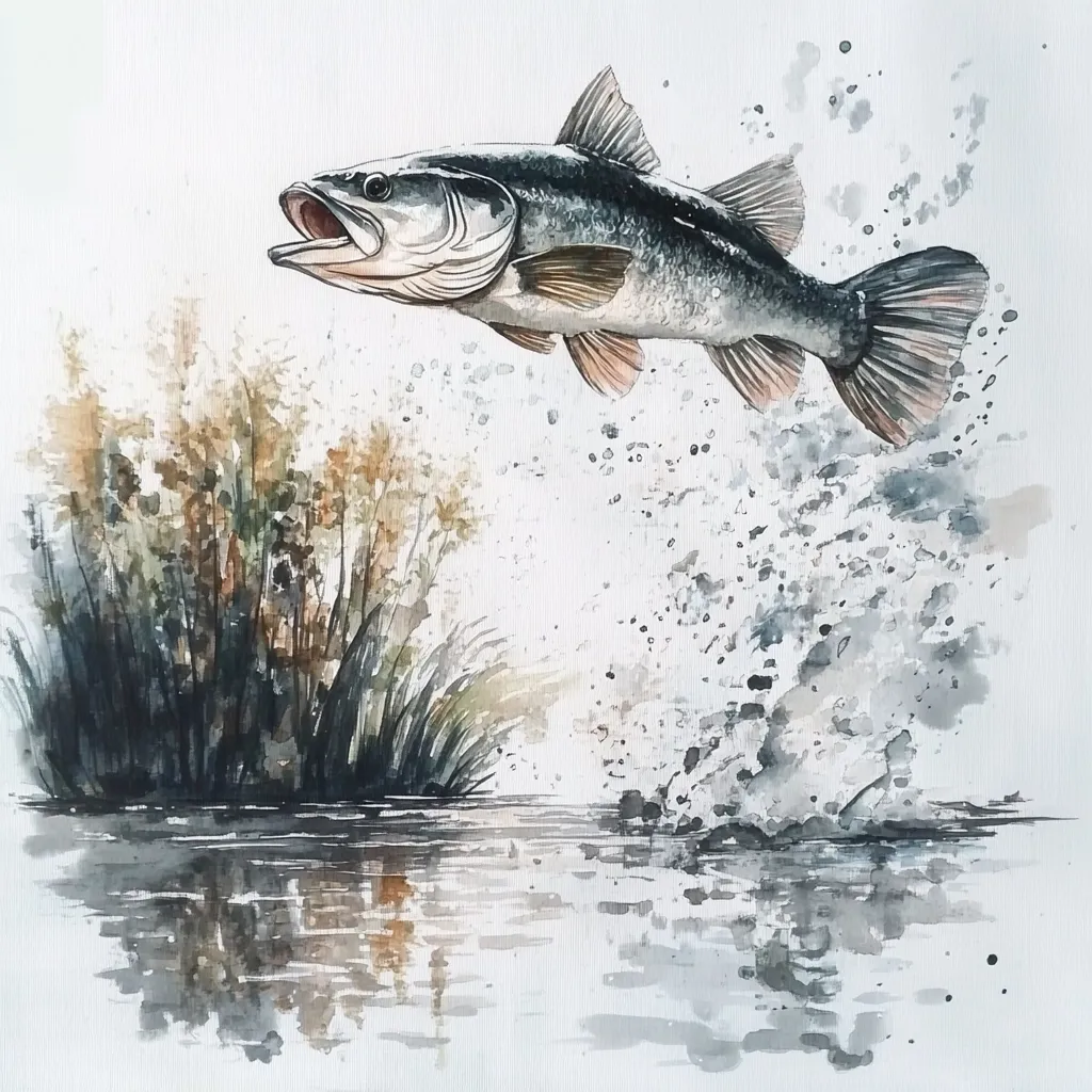 A watercolor painting depicts a largemouth bass leaping from a calm body of water.  The fish is rendered with detail, its mouth open, showcasing its powerful form mid-jump.  Water splashes are dynamically portrayed around the fish, contrasting with the serene reflection in the water.  The background features muted tones of reeds and grasses along the water's edge. The overall style is naturalistic with a focus on capturing the movement and energy of the fish.
