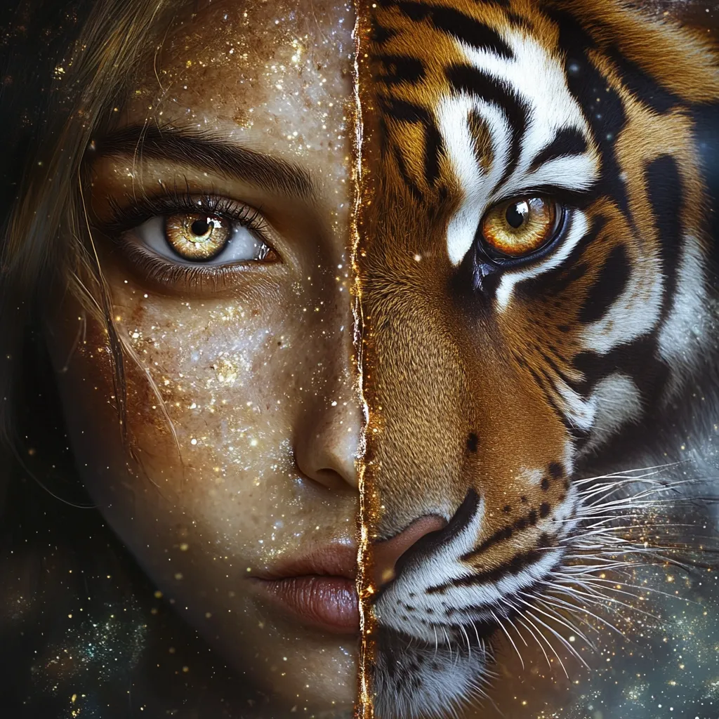 Here's a description of the image:

The image is a striking digital artwork depicting a woman's face seamlessly blended with that of a tiger.  A vertical line, seemingly a crack of golden light, divides the two halves. The woman's side is ethereal, with golden dust-like particles shimmering across her skin, accentuating her intense gaze. The tiger's side is realistically rendered, showcasing its powerful features and intense amber eyes.  Both halves share a similar golden hue, creating a unified and captivating portrait that explores themes of duality and inner strength. The background subtly reflects a starry, cosmic landscape.