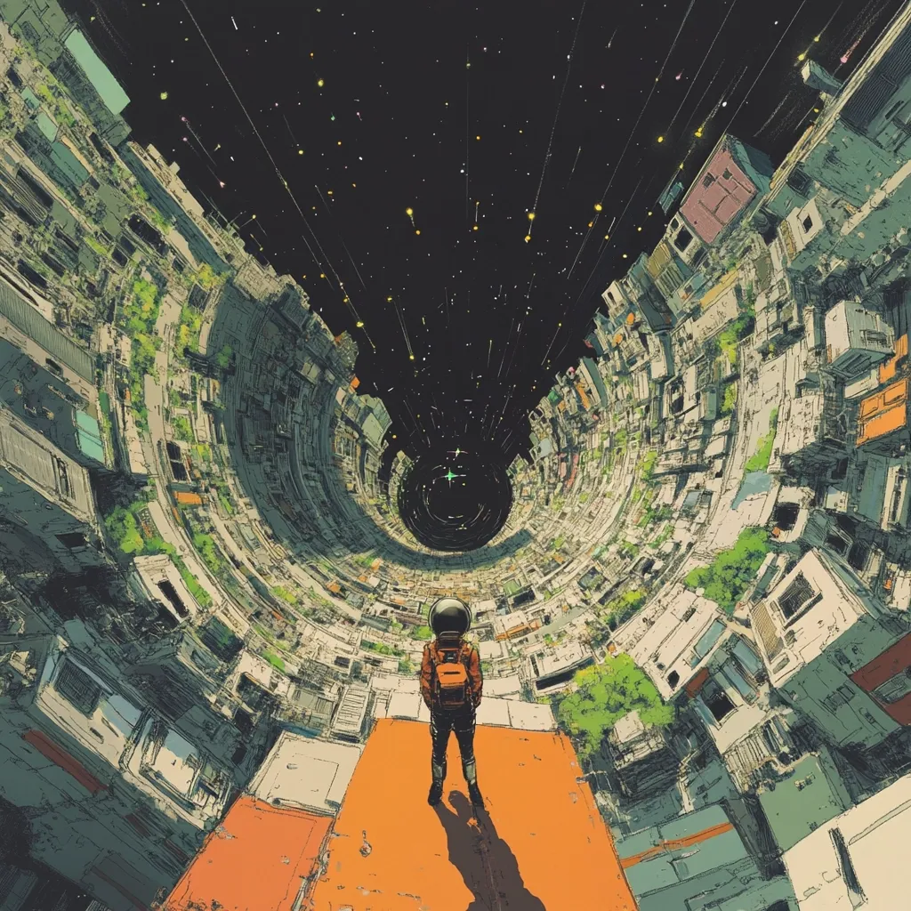 The illustration depicts a surreal, spiraling cityscape that curves into a black hole-like void in space. An astronaut in an orange suit stands on a platform at the city's edge, gazing into the cosmic abyss. The city is densely packed with buildings, interspersed with greenery, suggesting a blend of urban life and nature. The style is reminiscent of science fiction art, with a focus on intricate details and a vibrant color palette. The overall mood is one of wonder and contemplation, highlighting the vastness of space juxtaposed against human existence.