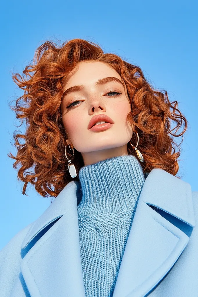 Here's a description of the image:

Close-up view of a young woman with vibrant, curly reddish-orange hair. She's wearing a light baby blue turtleneck sweater under a matching baby blue coat.  Her makeup is subtly done, enhancing her natural features.  She wears simple, elegant silver hoop earrings with a rectangular pendant. The backdrop is a clear, bright blue sky, providing a strong contrast to her clothing and hair. The overall impression is one of youthful beauty and effortless style.