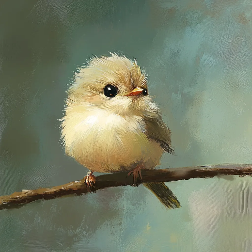 A digital painting depicts a small, fluffy bird perched on a slender branch.  The bird is predominantly pale yellow-beige, with large, dark eyes that give it an endearingly innocent expression. Its plumage is softly rendered, suggesting a downy texture. The background is a muted teal, painted with visible brushstrokes, creating a soft, impressionistic effect. The overall style is charming and whimsical, focusing on the bird's cuteness.