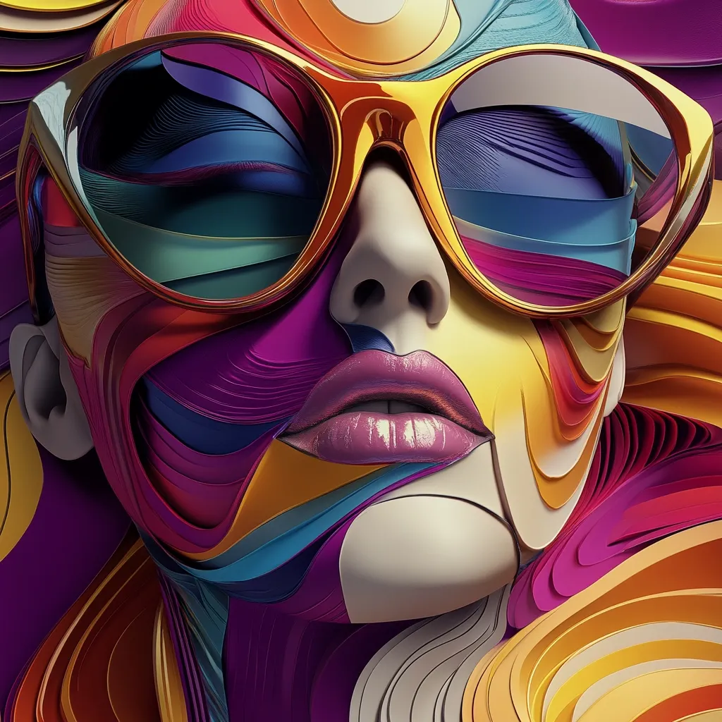 A vibrant, stylized portrait of a woman's face is constructed from swirling layers of colorful, paper-like material.  Large, golden cat-eye sunglasses frame her eyes, which are softly closed.  The face is smooth and three-dimensional, contrasting with the textured, abstract background.  The overall effect is a bold, modern artwork blending realism with abstract design elements in a striking array of purples, oranges, blues, and yellows.