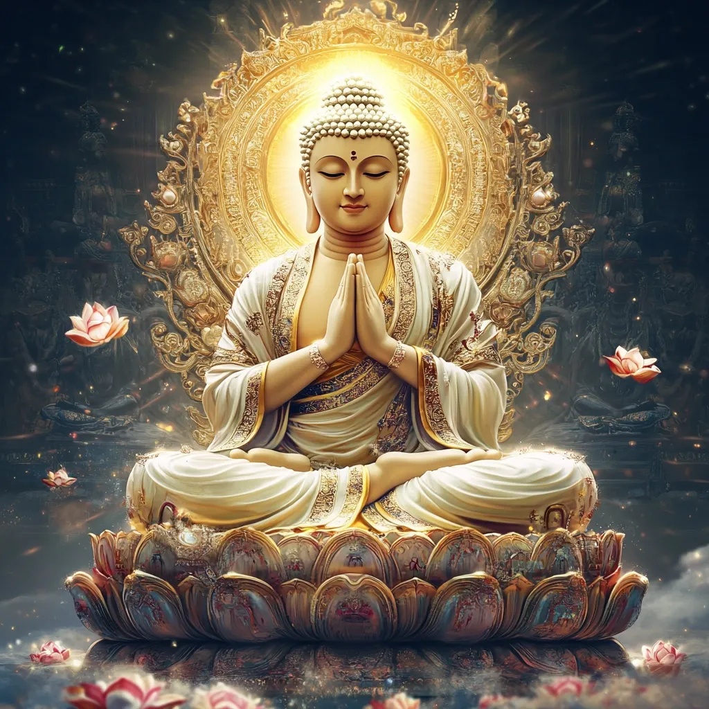 The image depicts a serene Buddha statue in a meditative pose, hands clasped in prayer.  The statue, rendered in gold and white, sits upon an ornate lotus blossom base.  A large, gilded halo with intricate detailing surrounds the Buddha, radiating light. The background features a dark, mysterious ambiance with hints of other figures and glowing particles, creating a spiritual and peaceful atmosphere.  Pink lotus flowers float around the base, adding to the image's symbolic depth.
