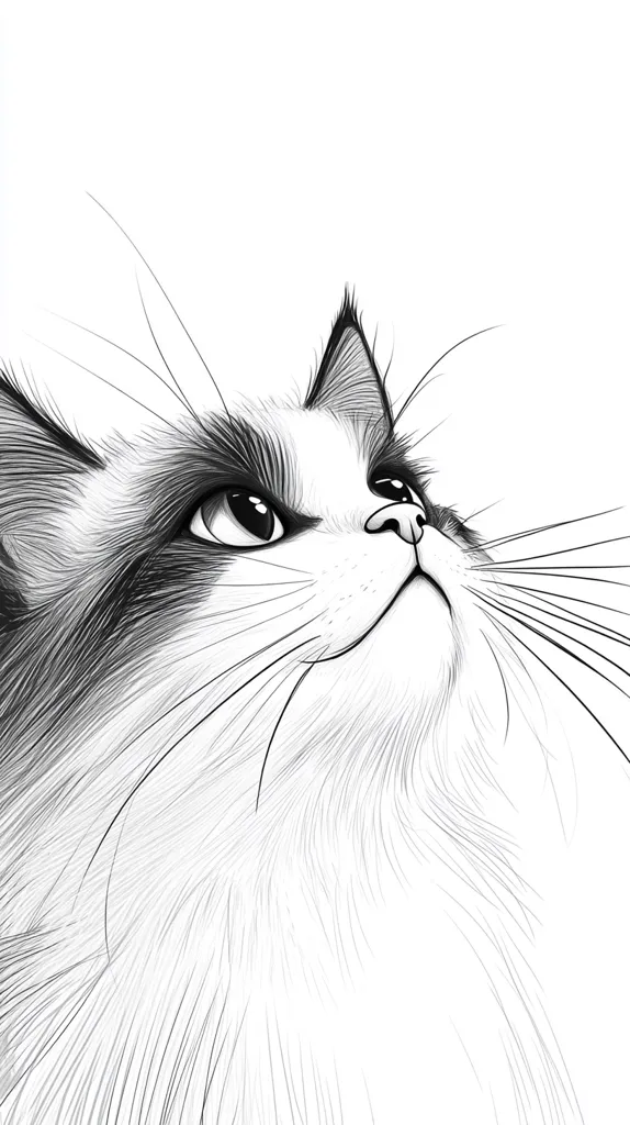 Here's a description of the image:

The image is a stylized black and white drawing of a cat's head and upper body, looking upward.  The style is reminiscent of a pencil sketch, with delicate lines suggesting fur texture. The cat appears to be long-haired, with dark markings around its eyes and ears. Its expression is alert and perhaps slightly haughty, head tilted back,  long whiskers extending outward. The background is plain white, making the cat the sole focus.  The overall effect is elegant and minimalist.