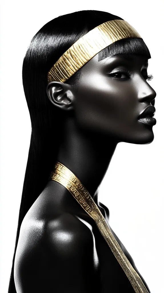 A striking profile portrait of a Black woman with flawlessly smooth, dark skin.  She wears a gold headband with a textured surface, and a matching gold neckpiece that drapes across her shoulder. Her long, straight hair falls behind her. The lighting is dramatic, creating strong contrasts between light and shadow, emphasizing her elegant features and the metallic sheen of her jewelry. The overall aesthetic is one of sophistication and timeless beauty.