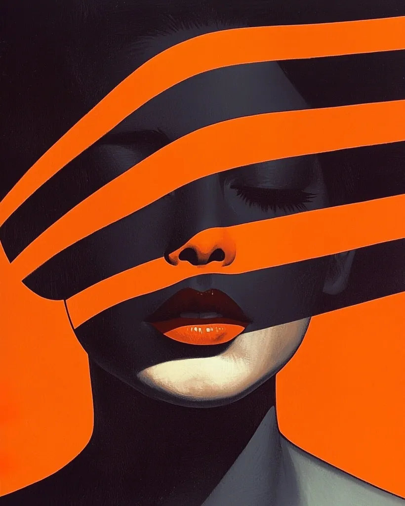 The artwork is a stylized portrait of a woman's face, partially obscured by bold, vibrant orange stripes against a dark background. The stripes create a sense of mystery and intrigue, concealing parts of her face while emphasizing her lips and eyes.  The contrast between the bright orange and deep black is striking, giving the piece a modern and graphic feel. The woman's expression is serene, despite the partially hidden features, suggesting a calmness amidst the visual drama.  The overall style is bold and graphic, with a minimalist aesthetic.