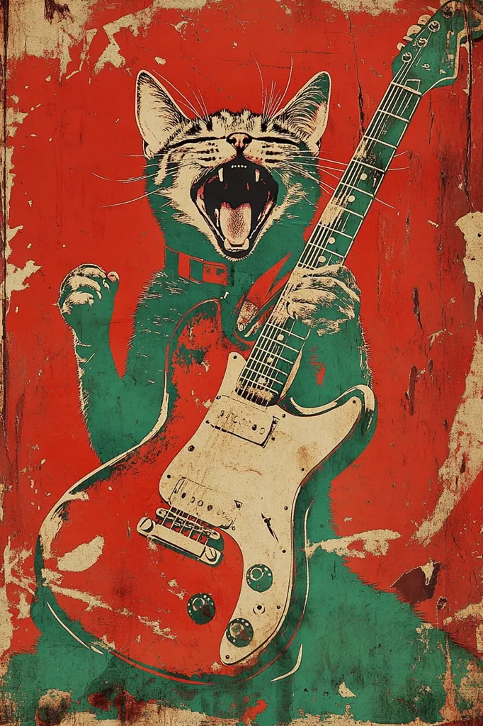 Here's a description of the image:

The image is a stylized poster featuring a cartoon cat enthusiastically playing an electric guitar.  The cat is depicted with its mouth wide open in a roar, its paws gripping the guitar neck and body. The color scheme is predominantly red and teal, with a distressed, vintage texture applied to the background and the guitar itself, giving it a retro or grunge aesthetic. The cat is rendered in a simplified, almost graphic novel style, contrasting with the more realistic details of the guitar. The overall impression is one of playful energy and rock and roll spirit.