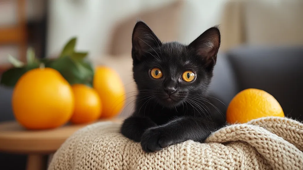 Here's a description of the image:

A black kitten with bright orange eyes is the focal point of the image, nestled on a beige knitted blanket.  Its paws are neatly tucked beneath it, and it gazes directly at the camera.  Blurred in the background are several oranges, some on a wooden surface near the blanket.  The overall setting appears to be a cozy indoor scene, suggesting warmth and comfort. The contrast between the black cat and the bright oranges creates a visually appealing image.