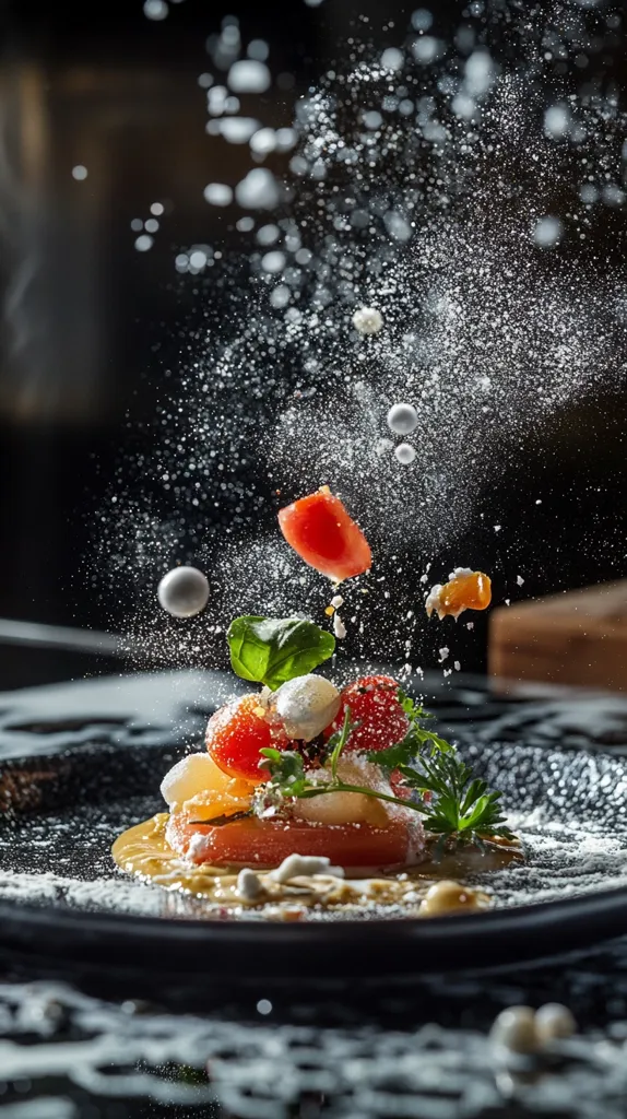 A close-up shot captures a vibrant culinary creation: a meticulously arranged dish featuring slices of ripe tomato, fresh basil, and what seems to be a creamy sauce, possibly aioli or a similar condiment.  The dish is elegantly presented on a dark-colored plate, and the background is blurred, drawing focus to the food.  A dramatic element is added by a burst of white powder, possibly powdered sugar or salt, frozen mid-air, creating a dynamic and artistic effect. The overall impression is one of refined gastronomy and artistic food presentation.