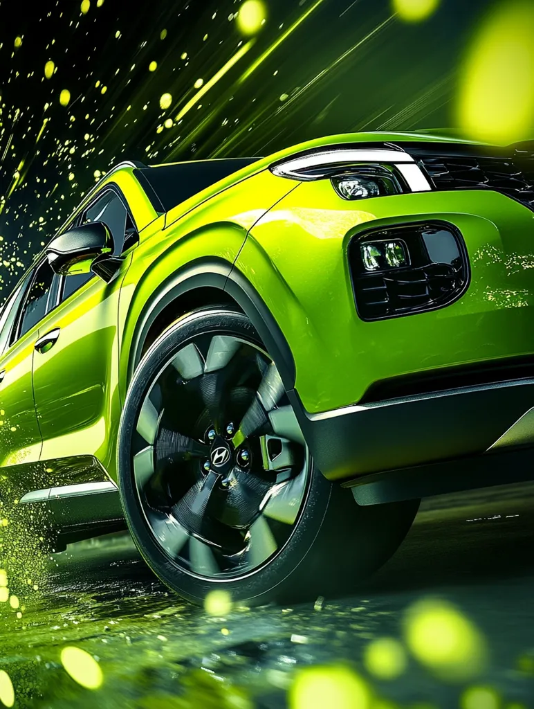 A vibrant lime green Hyundai SUV speeds along a wet road, leaving a trail of sparkling water droplets.  The image is dynamic, emphasizing motion blur and a sense of speed. The SUV's sleek design and dark alloy wheels are highlighted against the bright background.  Green light effects create a dramatic and energetic atmosphere.
