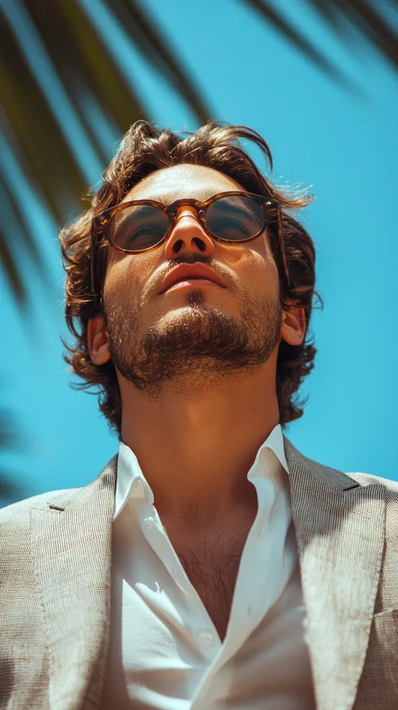 Here's a description of the image:

Close-up view of a tan-skinned man with dark brown hair, wearing brown tortoiseshell sunglasses. His head is tilted back, looking up at a bright blue sky partially obscured by palm fronds. He has a short, well-groomed beard and is dressed in a light beige linen blazer over a crisp white collared shirt. The overall impression is one of summery sophistication and relaxed confidence. The lighting suggests a sunny outdoor setting.