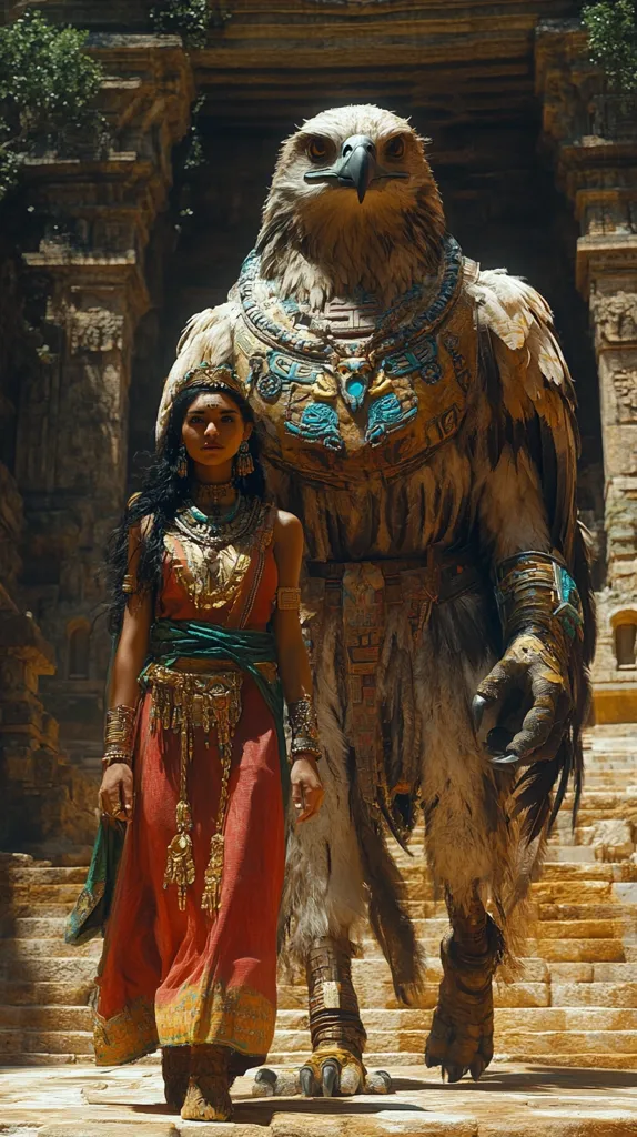A young woman in ornate, reddish-gold attire walks alongside a colossal, anthropomorphic eagle.  The eagle, adorned with intricate turquoise and gold jewelry, possesses a weathered, ancient appearance.  They ascend a stone staircase within the ruins of a grand, possibly Mayan-inspired, temple complex. The scene suggests a mystical or fantastical narrative, possibly from a video game or film. The setting is sun-drenched and emphasizes the juxtaposition of the human and the creature.