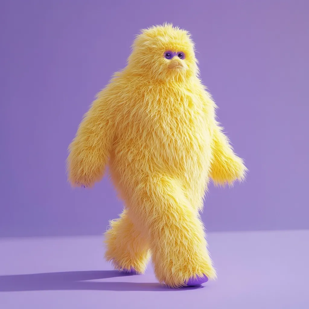 A fluffy, yellow creature, resembling a stylized yeti or Bigfoot, strolls across a lavender-colored background.  Its long, bright yellow fur is incredibly detailed, and small purple accents are visible on its feet. The creature's posture suggests a casual gait, and its expression is neutral. The overall image is digitally rendered and has a playful, almost cartoonish aesthetic.