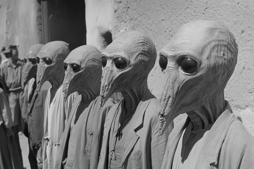 A black and white image shows a line of figures resembling aliens.  They wear grey, robe-like garments and have elongated, mask-like heads with large, dark eyes and prominent noses.  Their skin appears textured and almost leathery.  The figures stand in a row against a light-colored wall, their expressions neutral.  A few human figures are partially visible in the background. The overall impression is one of otherworldliness and mystery.