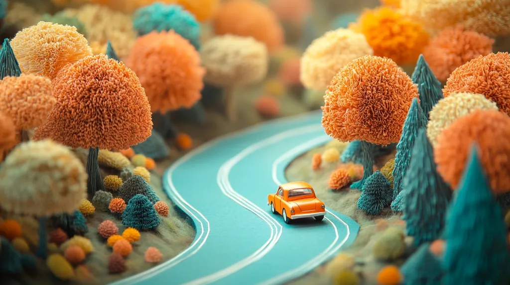 A miniature orange car travels along a winding teal road through a whimsical landscape.  The scene is populated by stylized, textured trees in shades of orange, teal, and cream, resembling fluffy pom-poms. Smaller, textured shrubs and trees add depth and detail to the miniature forest. The overall effect is a charming, fantastical scene, possibly created using stop-motion animation techniques or a similar artistic process.