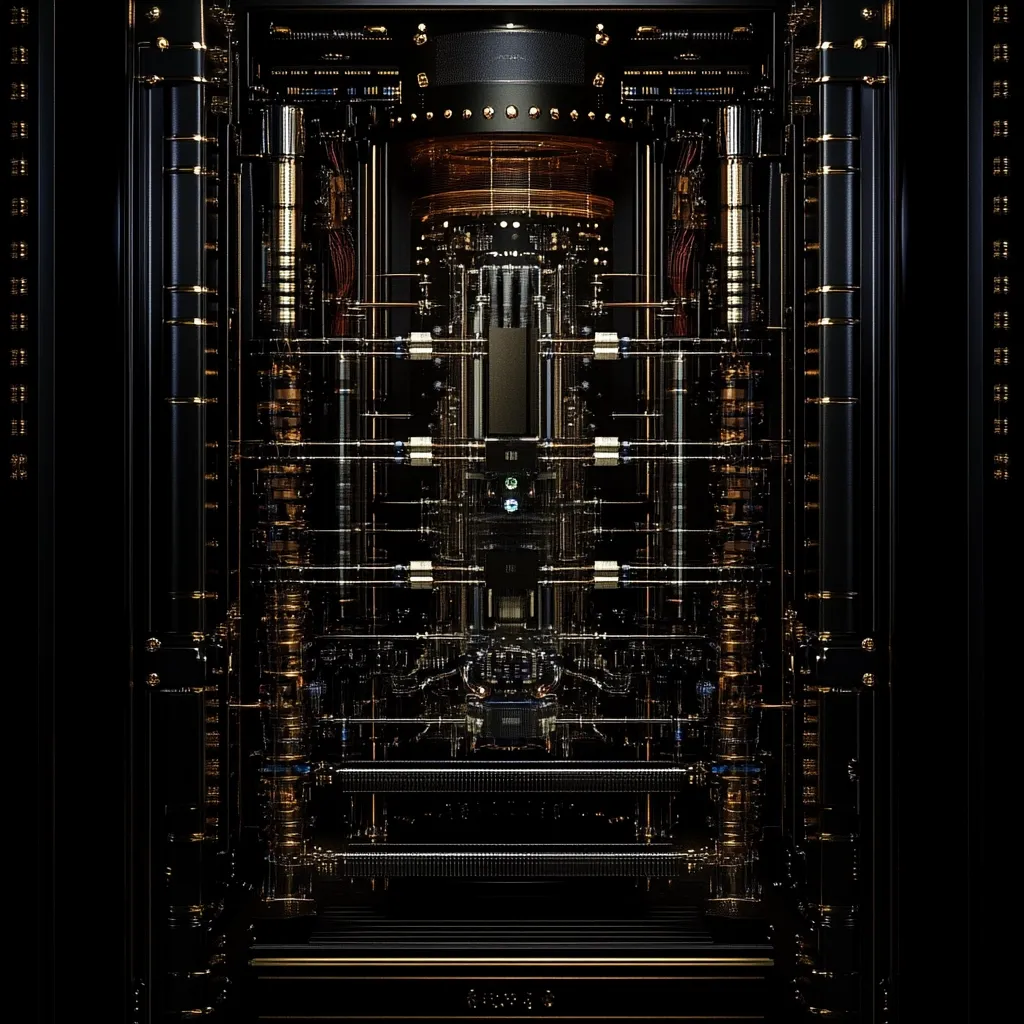 The image showcases a meticulously detailed, ornate structure resembling a high-tech device or piece of art.  Dominated by dark tones of black and gold, its intricate design features a symmetrical arrangement of numerous components, pipes, and wires.  The complexity suggests a sophisticated internal mechanism, possibly electronic or mechanical, encased within a luxurious, almost steampunk-inspired casing.  The overall impression is one of high-end technology and artistry.