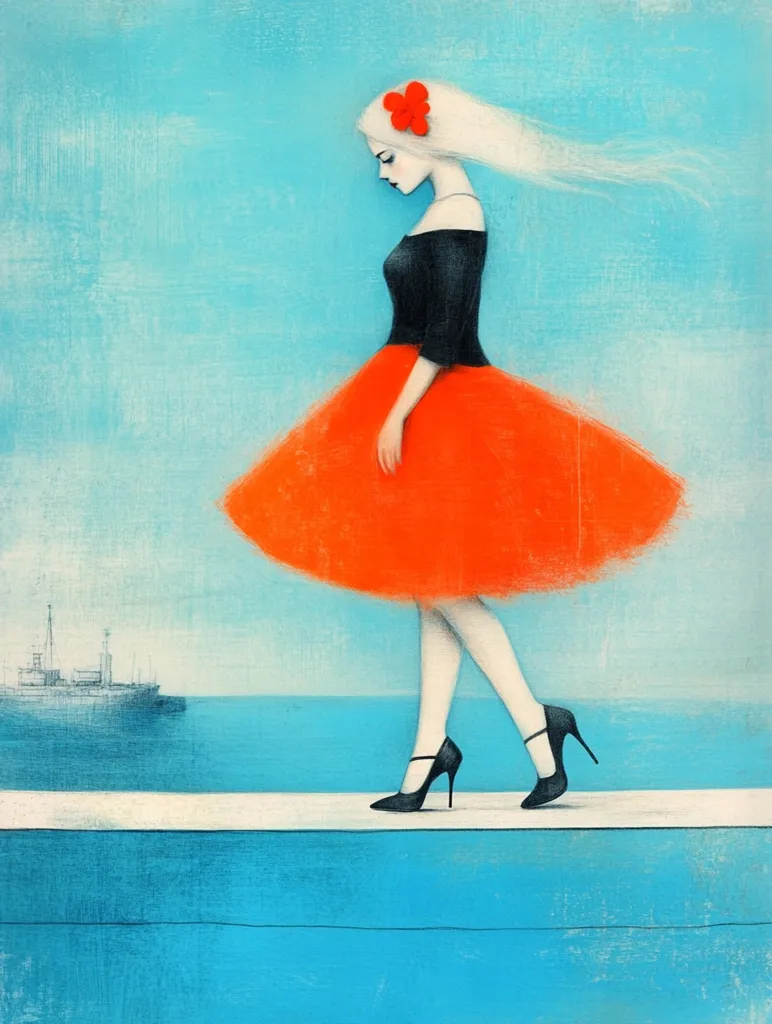 A stylized illustration depicts a pale woman with long white hair, adorned with a red flower, walking along a narrow ledge. She wears a black top and a vibrant orange, full skirt. Her black high heels suggest a sense of poise and a precarious balance.  A distant ship is visible on a calm blue sea, creating a contemplative and somewhat melancholic mood. The painting's texture is reminiscent of pastel or soft oils, with a focus on muted yet expressive colors.