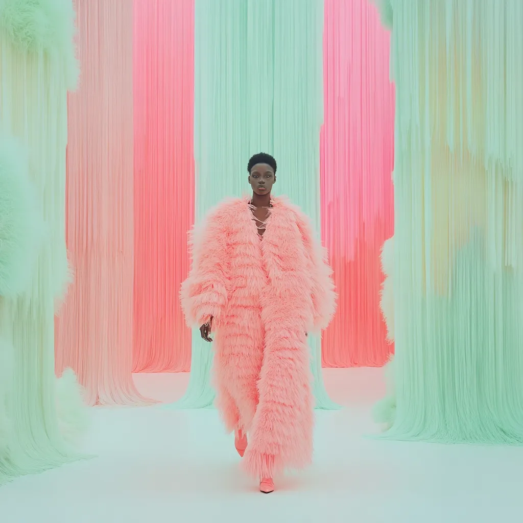 A dark-skinned model walks a runway, showcasing a long, light pink feathered coat and matching footwear.  The backdrop features numerous vertical strands of pastel fabric in shades of mint green, pink, and coral, creating a dreamy, ethereal atmosphere. The overall aesthetic is soft, feminine, and visually striking, emphasizing the texture of the garment against the smooth background.