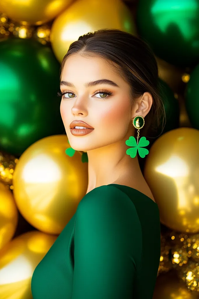 A young woman with a flawless complexion and dark brown hair styled in a sleek updo poses against a backdrop of gold and green balloons. She's wearing a vibrant emerald green, long-sleeved dress and eye-catching clover-shaped earrings.  Her makeup is subtly glamorous, enhancing her natural beauty. The overall image exudes elegance and festive cheer, perhaps suggesting a St. Patrick's Day theme.