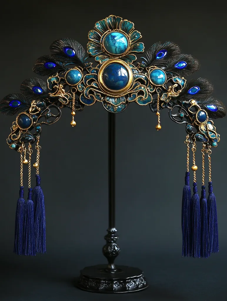This is a stunning headpiece, possibly a bridal crown, crafted with intricate detail.  Dark blue and gold tones dominate, featuring peacock feathers and large cabochon stones.  The design is ornate, incorporating swirling patterns and golden tassels. It's displayed on a black stand, emphasizing its rich colors and the artistry of its creation.  The overall impression is one of elegance and regal sophistication.