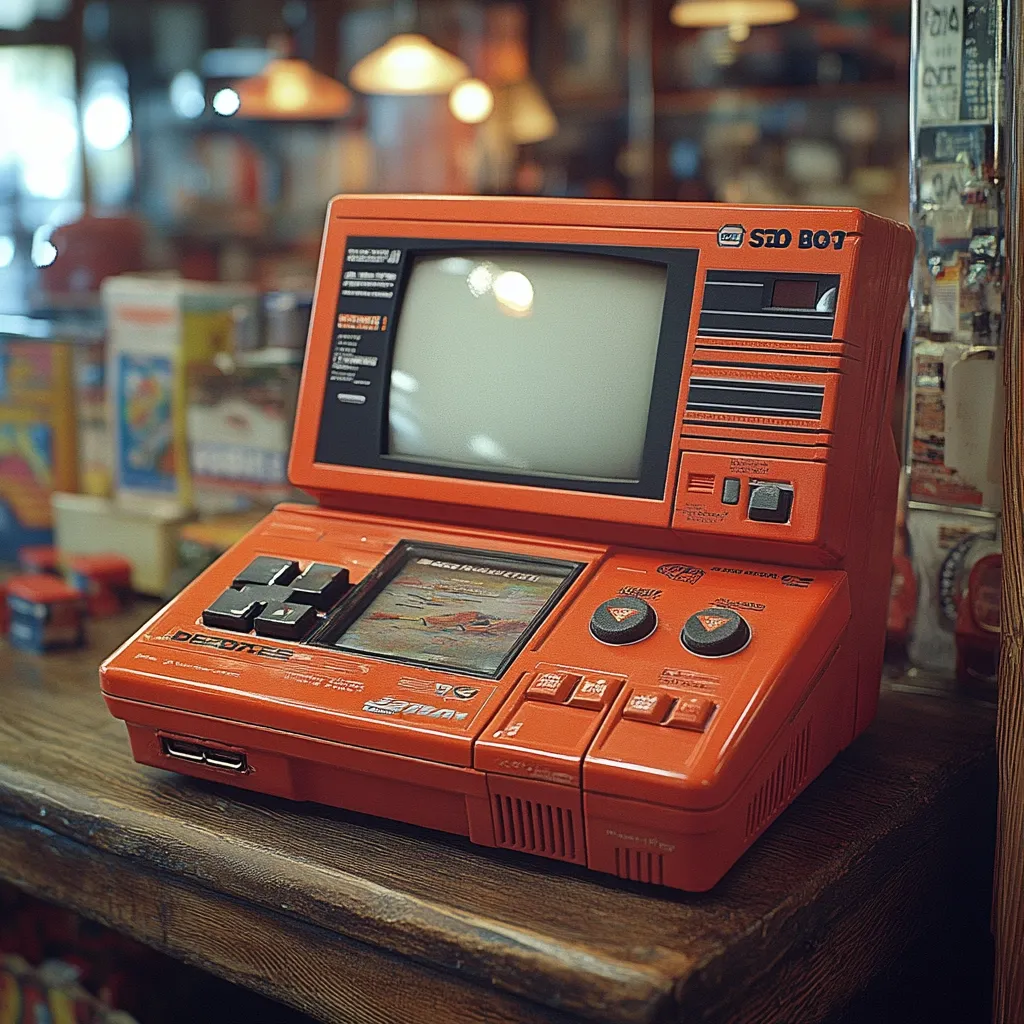 Here's a description of the image:

The photograph showcases a vintage, bright orange SD Boy handheld gaming console, complete with a built-in monochrome screen. The console rests on a dark brown wooden surface, possibly a table or counter, with a blurred background suggesting a retro-themed shop or arcade. The console's design is clearly from a past era, and the image evokes a feeling of nostalgia.  The focus is sharp on the console, allowing for detail of its buttons and screen, contrasting with the soft, out-of-focus background.  A small game is visible on the console's screen.