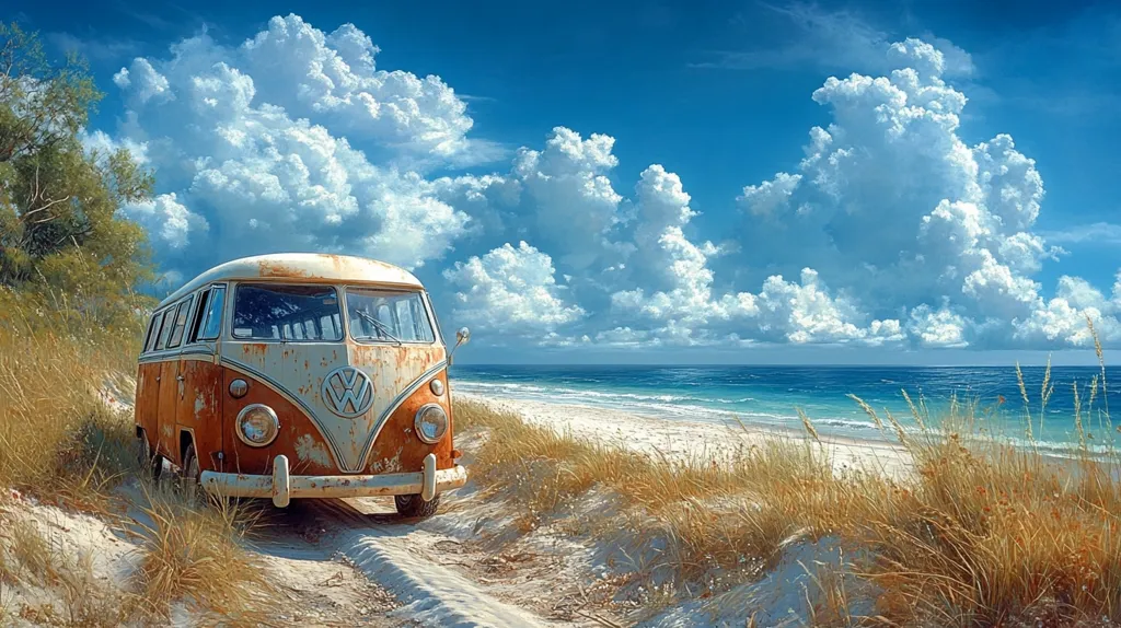 A weathered, orange and white Volkswagen van sits on a sandy beach track, partially obscured by tall beach grass. The van shows signs of age and rust, adding to its vintage charm.  A beautiful, bright blue ocean stretches to the horizon under a vibrant sky filled with fluffy white clouds. The scene evokes a sense of freedom, adventure, and idyllic coastal escape.  The overall mood is peaceful and serene.