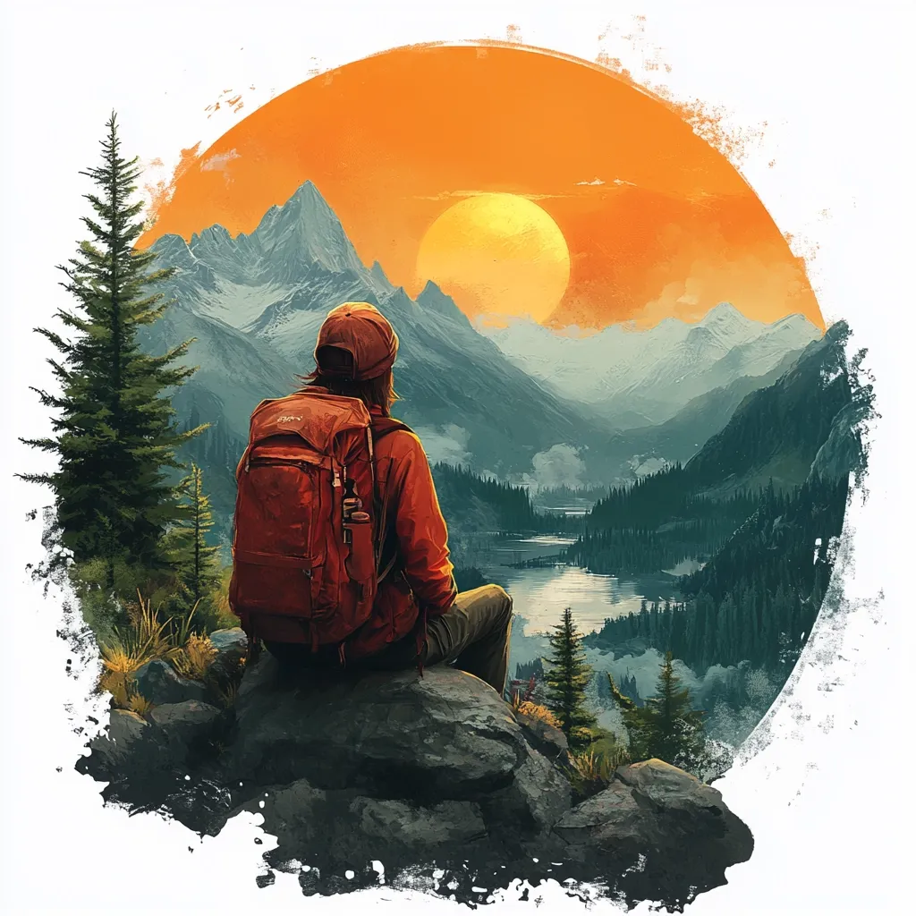 Here's a description of the image:

The artwork depicts a solitary hiker, with a large reddish-brown backpack, seated on a rocky outcrop. They gaze out at a breathtaking vista of a serene lake nestled within a valley, surrounded by majestic, snow-capped mountains.  A large, vibrant orange sun dominates the sky, casting a warm, sunset glow over the landscape.  The scene is framed in a circular composition with a textured, painterly edge, enhancing its artistic feel. The overall mood is peaceful and contemplative, emphasizing the beauty of nature and the solitude of the journey.