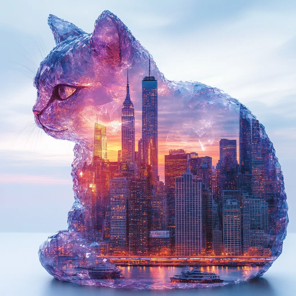 Here's a description of the image:

The image is a surreal digital artwork depicting a crystalline cat form, seemingly sculpted from ice or amethyst.  Within the translucent cat's body, a vibrant cityscape, evocative of New York City at sunset, is visible.  Iconic skyscrapers like the Empire State Building and One World Trade Center are clearly identifiable, their lights twinkling against a warm-toned sky.  The overall effect is a harmonious blend of natural and urban elements, creating a dreamlike and visually striking composition.  The cat's form is detailed and realistic, contrasting with the stylized city within.