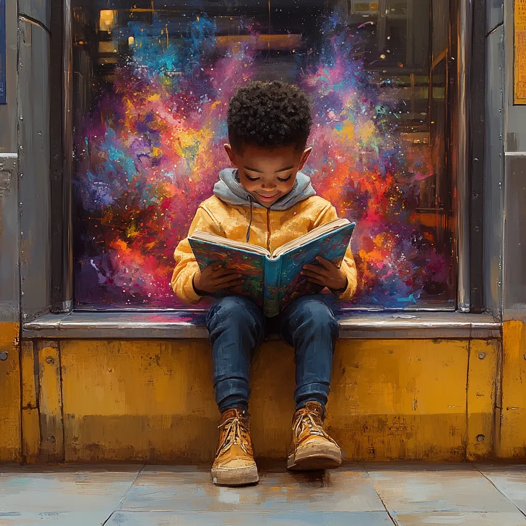 A young Black boy sits engrossed in a book, perched on a yellow ledge before a vibrant, cosmic-like window display.  His yellow hoodie and dark pants contrast against the colorful, almost nebula-like background.  He appears deeply focused, suggesting the book transports him to another world. The overall scene is painted in a style that blends realism with fantasy, creating a dreamlike atmosphere. The image evokes a sense of wonder and the transformative power of reading.