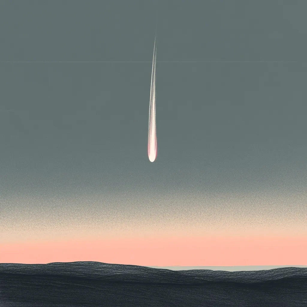 The image depicts a minimalist scene of a meteor falling towards a dark, undulating landscape.  The meteor leaves a bright, white trail against a muted grey-blue sky that transitions to a soft coral-pink at the horizon. The overall style is simplistic, almost graphic, with a subtle textured effect suggesting a painted or drawn quality. The contrast between the bright meteor and the subdued colors creates a dramatic yet serene atmosphere.