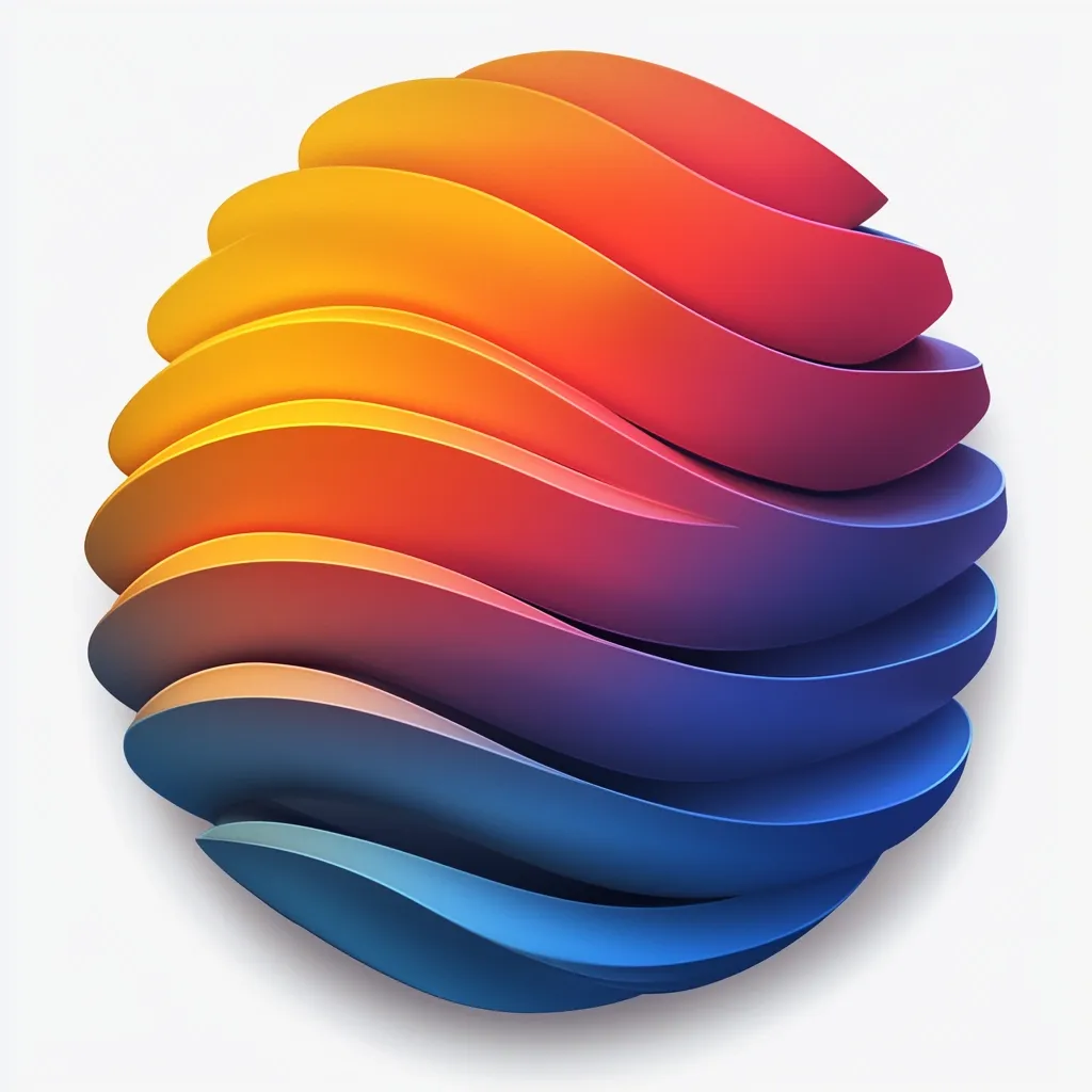 The image shows a vibrant, abstract sphere composed of layered, undulating ribbons.  The colors transition smoothly from a warm, golden yellow at the top, through oranges and reds, to cool blues and purples at the bottom.  The overlapping curves create a sense of depth and movement, giving the sphere a three-dimensional, almost fluid appearance. The overall effect is one of dynamic energy and visual richness.