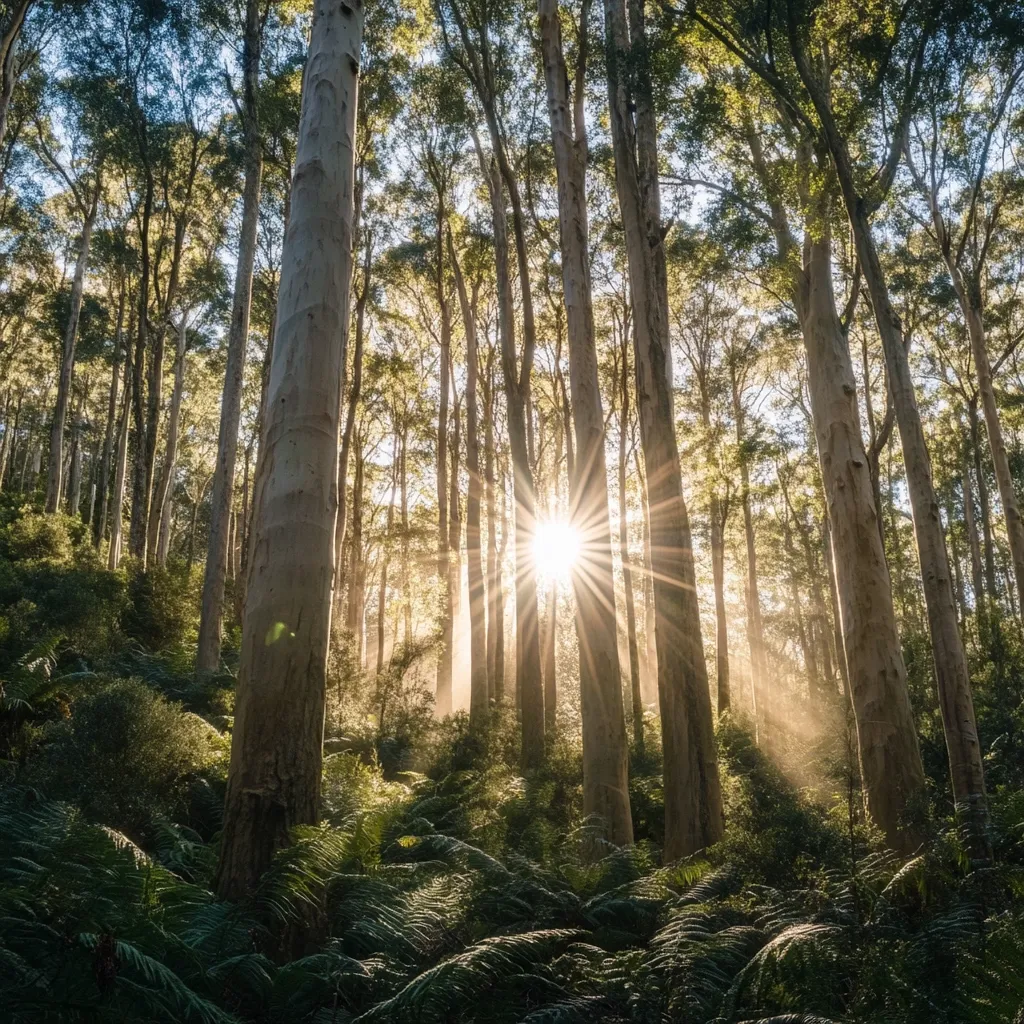 Sunlight streams through a dense forest of tall, slender eucalyptus trees, illuminating the scene with a radiant glow.  The forest floor is carpeted with lush ferns, creating a vibrant contrast of light and shadow.  Golden rays pierce the canopy, casting a mystical atmosphere. The air appears misty, adding to the serene and tranquil beauty of the woodland setting.