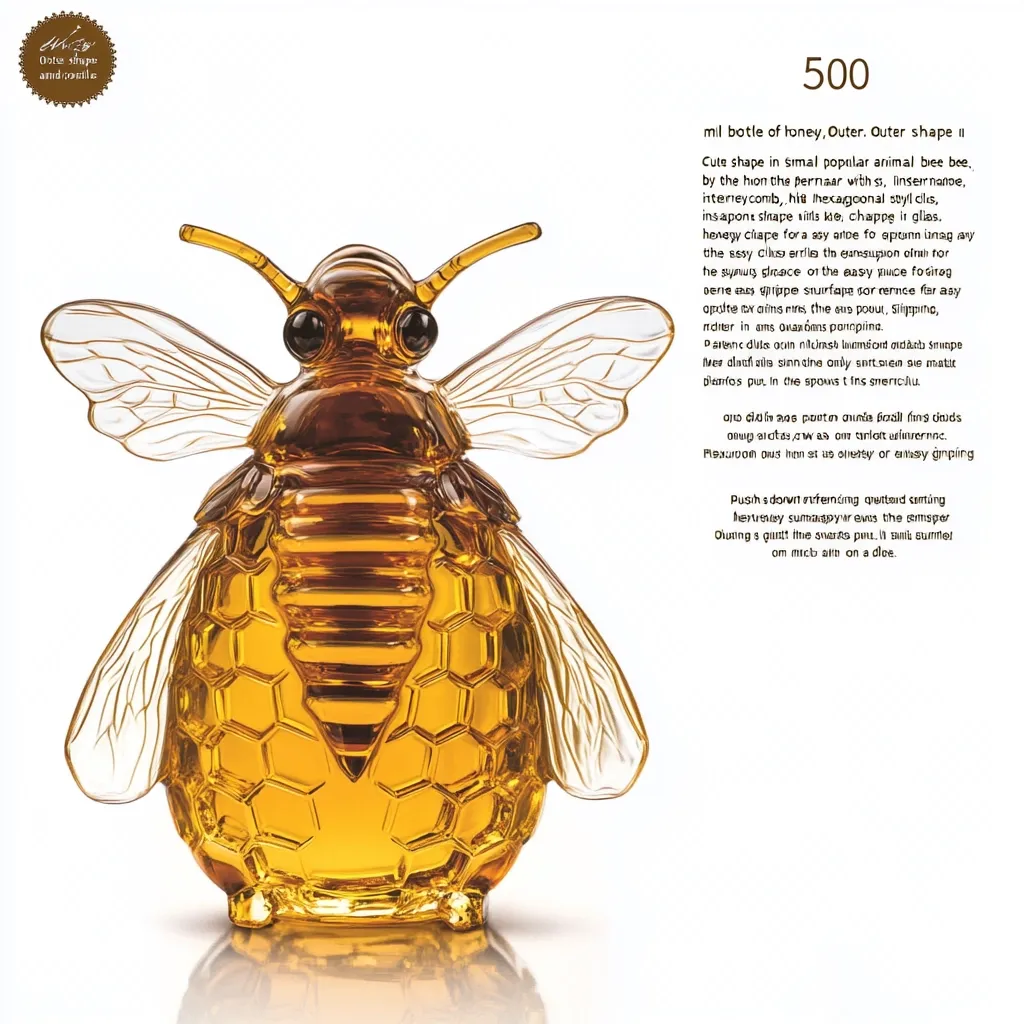 A 500ml bottle of honey is shaped like a bee.  The bottle is made of clear glass, showcasing the amber honey inside. The bee's body is formed by hexagonal honeycombs, and its wings are transparent.  The design is described as cute and popular. The text accompanying the image explains that the shape allows for easy pouring and gripping.