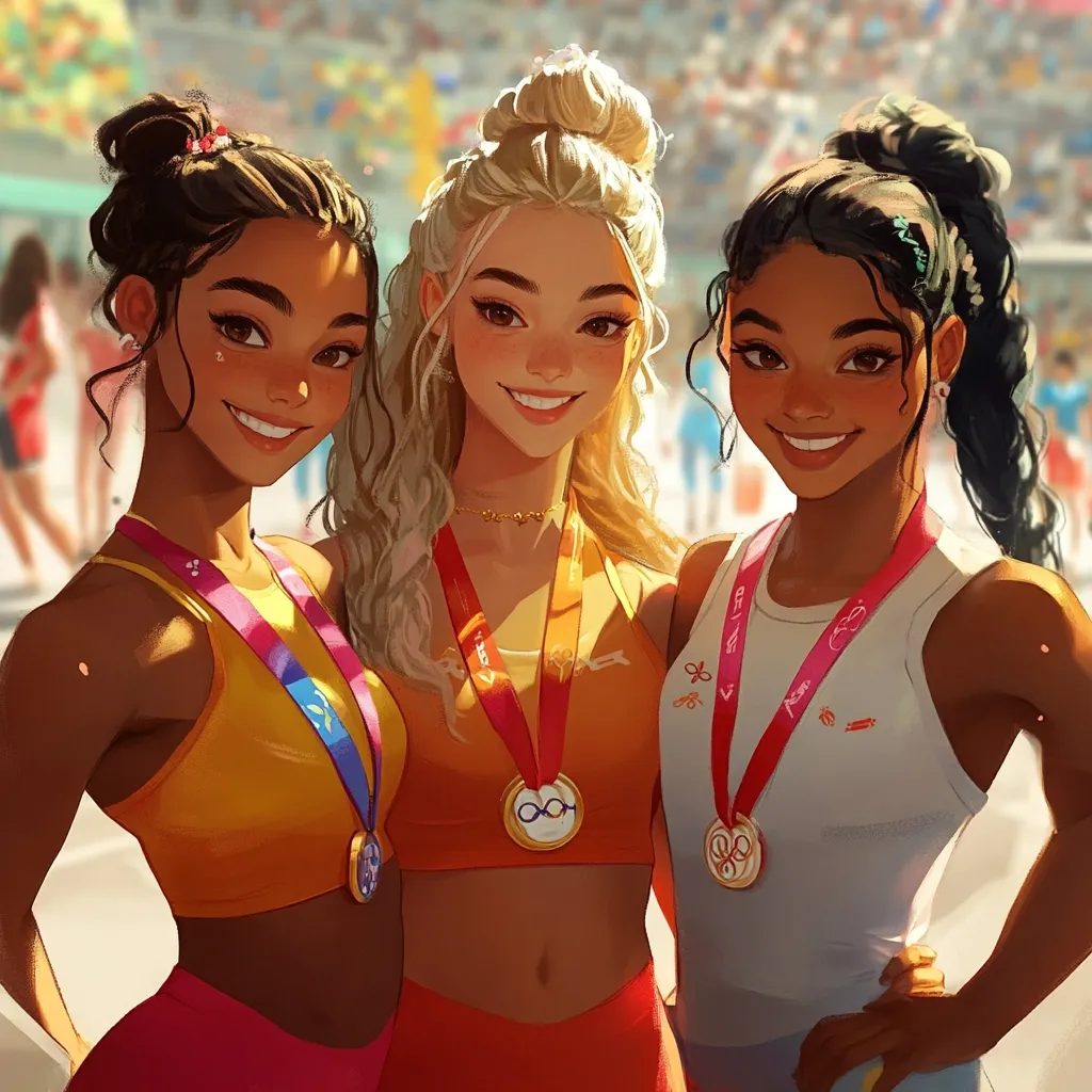 Three young women, with diverse skin tones and hairstyles, stand shoulder-to-shoulder, beaming smiles illuminating their faces.  They wear athletic tops and bottoms in vibrant shades of orange and pink, each adorned with a medal on a colorful ribbon around their necks, suggesting a sporting victory. The background is blurred, hinting at a bustling outdoor sporting event. The artwork's style is digitally rendered, with a focus on bright, sun-drenched colors and smooth lines, enhancing the joyful and celebratory mood.