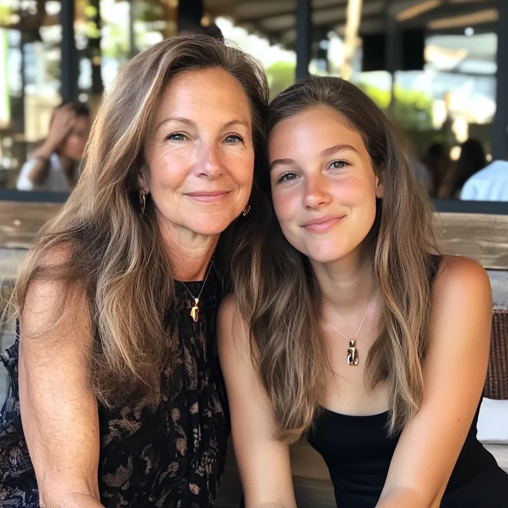 Here's a description of the image:

Close-up view of a middle-aged woman and a teenage girl, likely mother and daughter, sitting closely together.  The woman has shoulder-length light brown hair and is wearing a black lace sleeveless top and a gold necklace. The girl has long brown hair, is wearing a black sleeveless top, and also wears a delicate gold necklace. They both have warm smiles and appear to be comfortable and affectionate towards each other. The background is blurred, showing an outdoor setting with a patio or restaurant area.