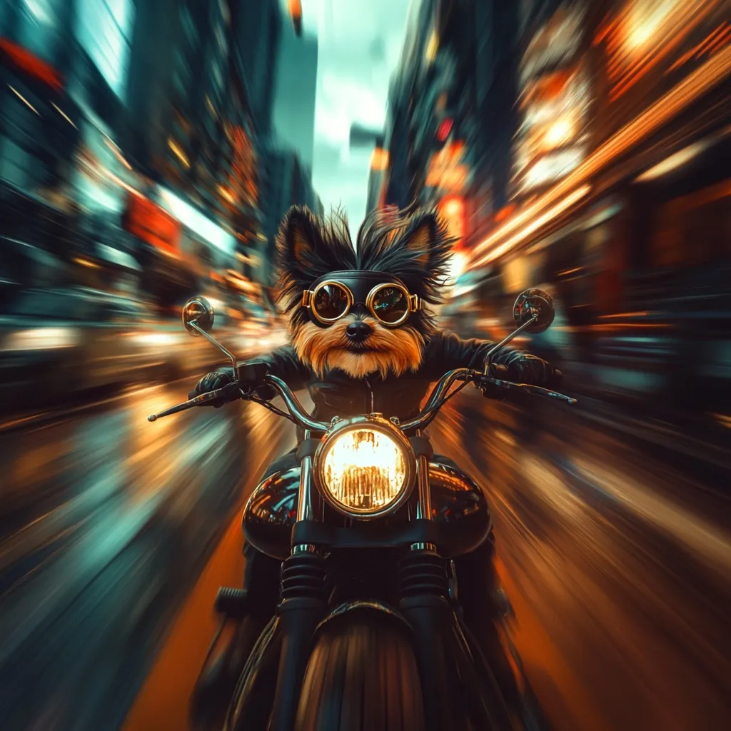 A Yorkshire Terrier, wearing goggles and a leather jacket, speeds down a city street on a motorcycle. The image is a dynamic composition, employing motion blur to emphasize the speed.  The dog's expression is serious and determined, enhancing the whimsical yet powerful image.  Bright city lights streak past, contributing to the overall sense of thrilling movement. The scene is a playful juxtaposition of a cute dog and a powerful machine.