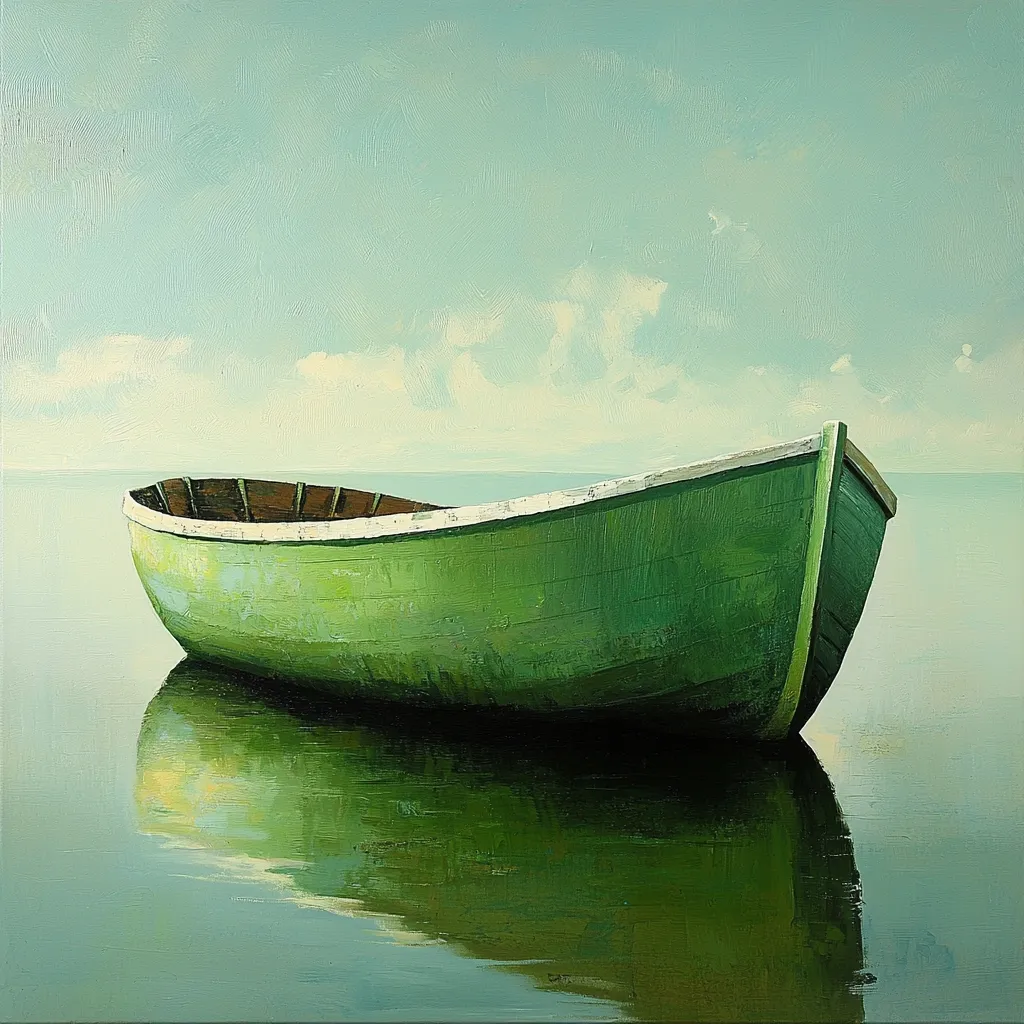 A serene painting depicts a weathered, sea-green rowboat gently resting on calm, still water.  The boat's reflection mirrors perfectly on the surface. The sky is a soft, pale blue with wispy clouds, creating a tranquil and peaceful atmosphere. The overall style is impressionistic, with visible brushstrokes adding texture and depth to the scene. The color palette is muted and calming, emphasizing the stillness of the water and the quiet solitude of the boat.