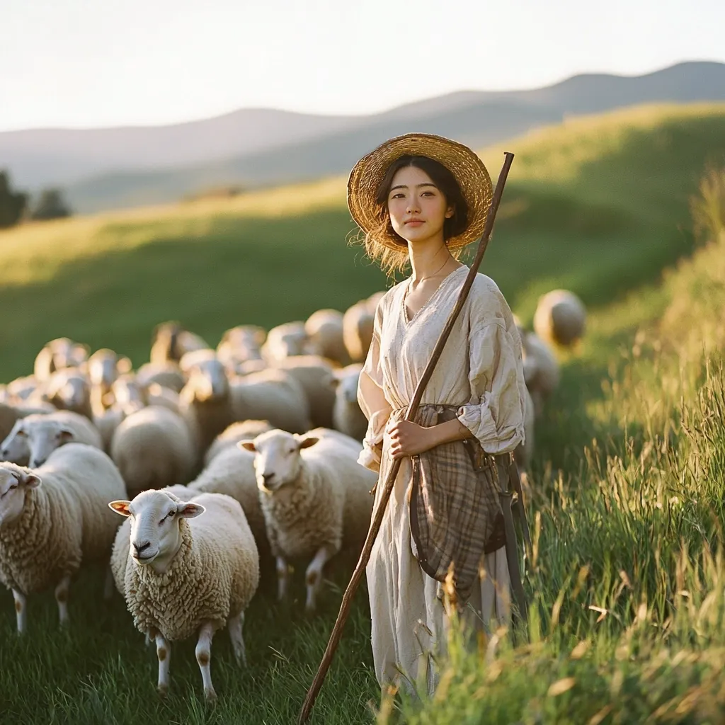 A young woman, wearing a straw hat and a long, light beige dress, stands in a lush green field.  She holds a shepherd's crook, her gaze directed towards the camera. A flock of sheep surrounds her, some close, others further away, creating a pastoral scene bathed in the golden light of sunset.  The rolling hills in the background add depth to the idyllic image.