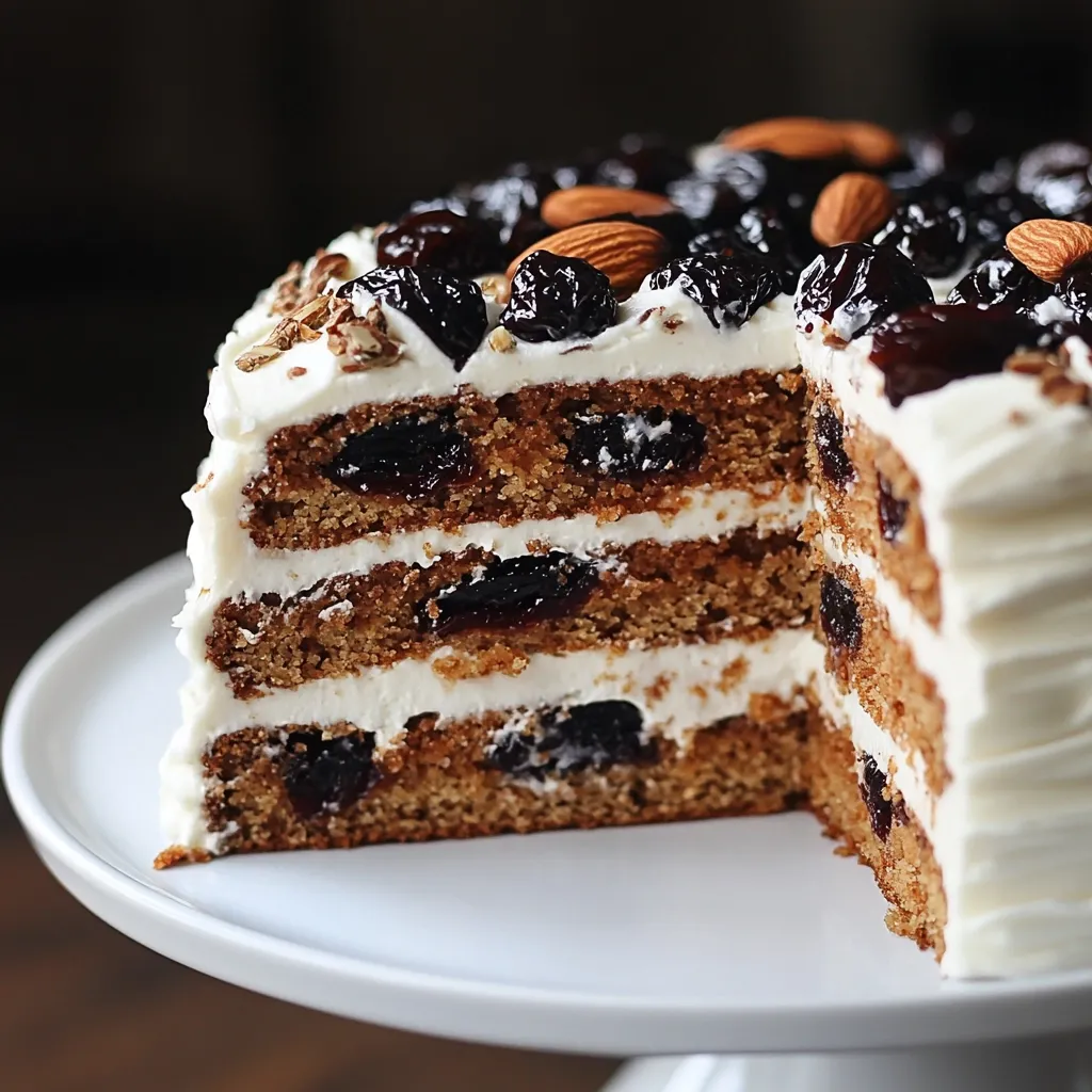 A delectable three-layered cake takes center stage.  Its light brown layers are punctuated by glistening dark cherries, and the whole is generously frosted with a thick layer of white buttercream.  Topped with additional cherries and almonds, the cake is displayed on a white pedestal cake stand.  A generous slice has been removed, revealing the moist, rich interior.  The overall presentation is elegant and inviting.