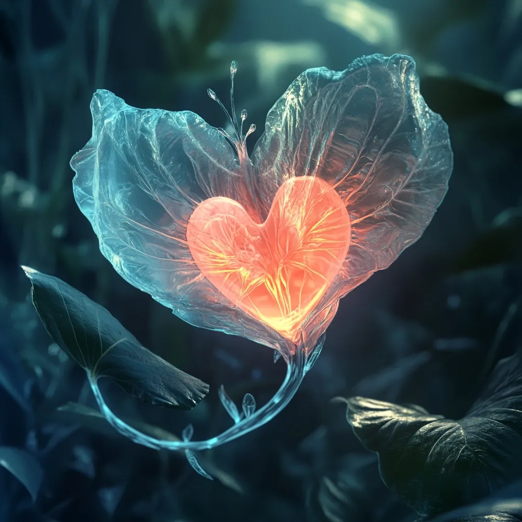 A digital artwork depicts a surreal, glowing heart nestled within a translucent, flower-like structure.  The heart, a warm orange-red, pulses with inner light, contrasting with the cool, teal tones of the delicate, almost ethereal petals. The stem is slender and bioluminescent, suggesting a mystical or fantastical origin. The background is dark, focusing attention on the glowing heart as a symbol of love or life force within a dreamlike, natural setting.