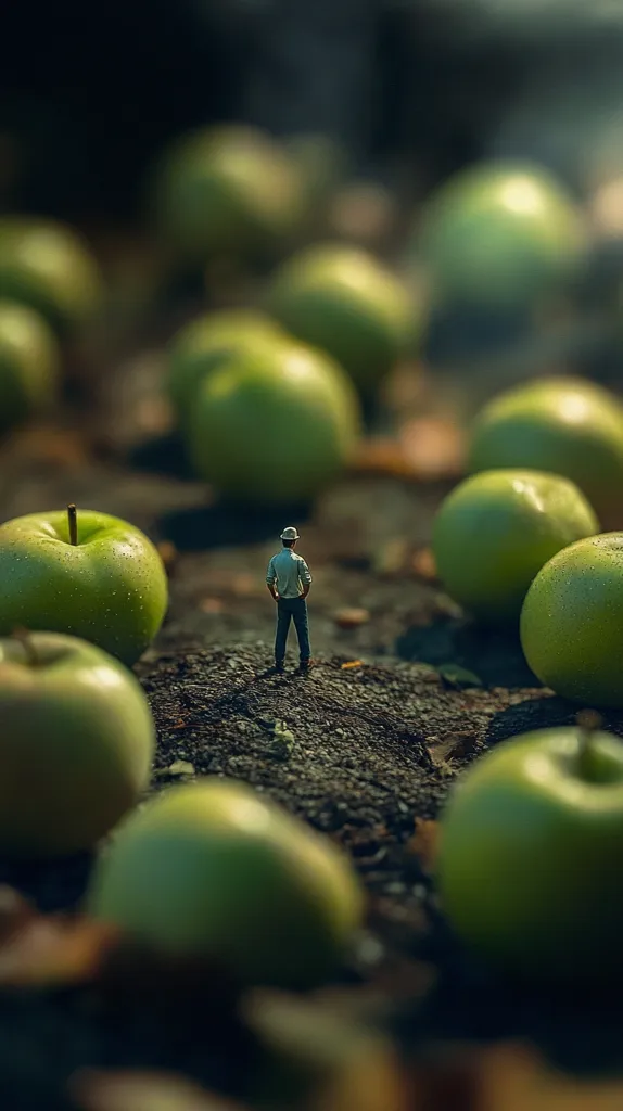Here's a description of the image:

A miniature man, wearing a light-colored shirt and hat, stands amidst a sprawling field of large, unripe green apples. The apples dominate the scene, blurring slightly in the background and foreground, creating a depth of field effect. The man is positioned centrally, his back to the viewer, creating a sense of scale and isolation. The overall tone is muted and slightly dark, with a focus on the contrast between the tiny human figure and the enormous fruit. The setting suggests an orchard or similar environment, emphasizing the overwhelming size of nature compared to humanity.